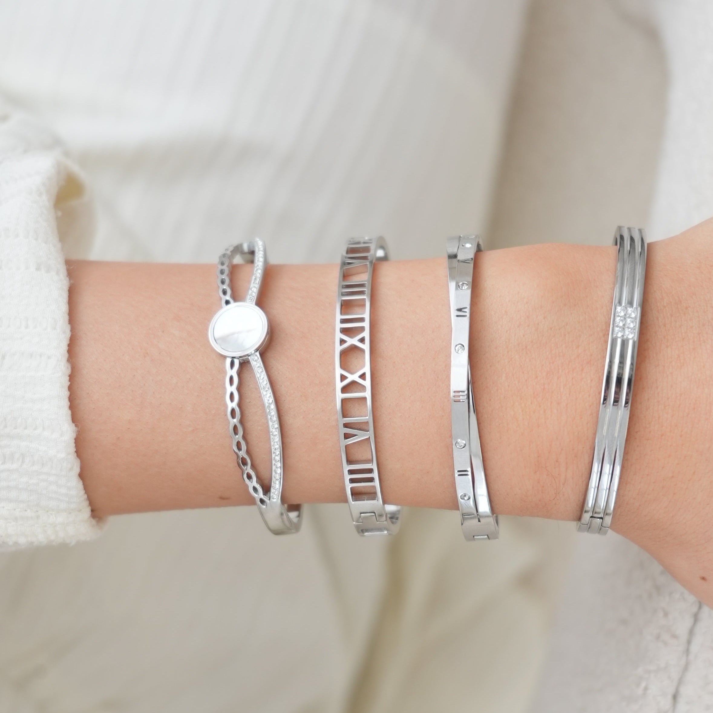 Carved Stone Bangle Bracelet - Silver