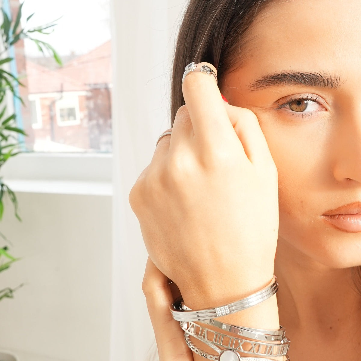 Carved Stone Bangle Bracelet - Silver