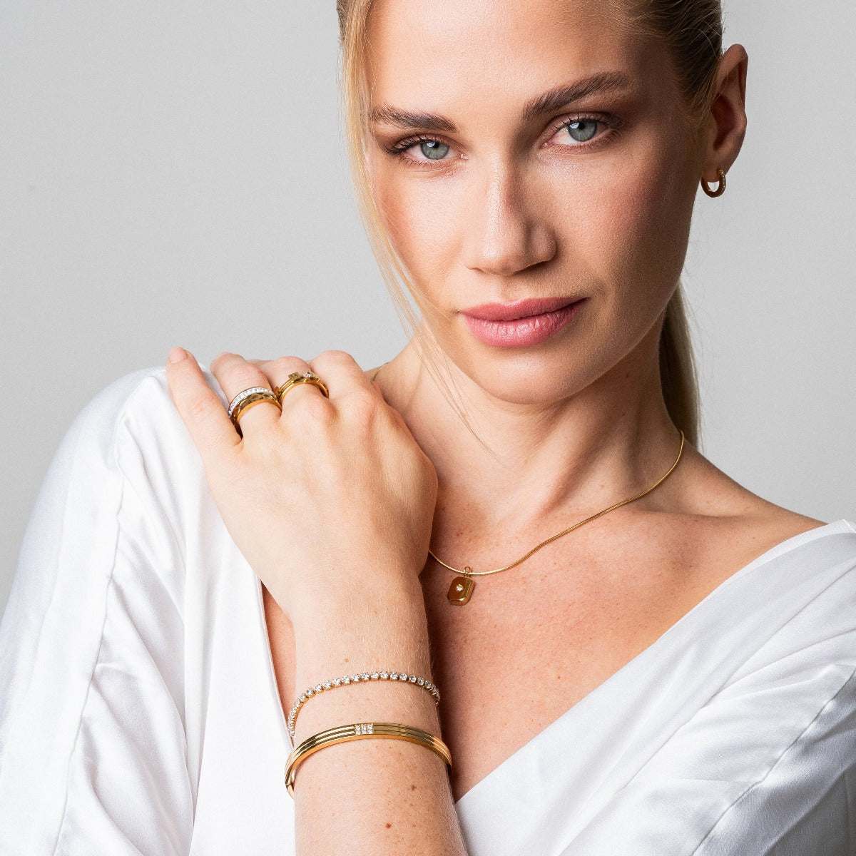 Carved Stone Bangle Bracelet - Gold